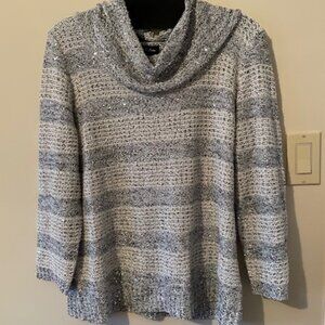 Nue Options White/Grey wTiny Sparkling Silver Discs Sweater Cowl Collar Sz XL
